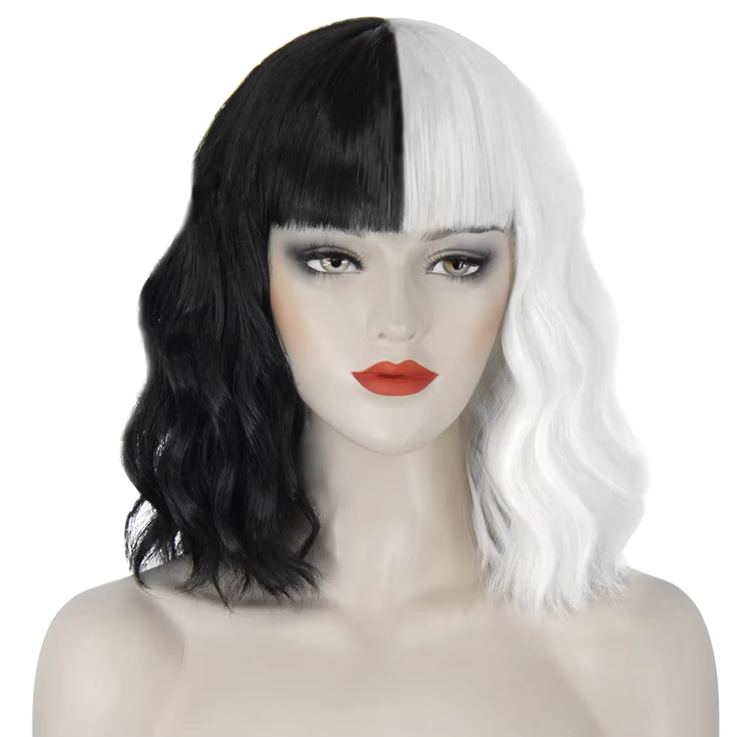 Cruella Deville-Perruque Courte Ondulée Noire et Blanche pour Femme, Costume Mignon pour ixCostumée