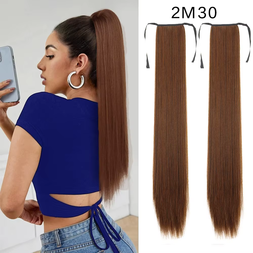 Perruque synthétique pour femme (18-34 pouces) Cheveux longs et raides avec accessoire de coiffure s