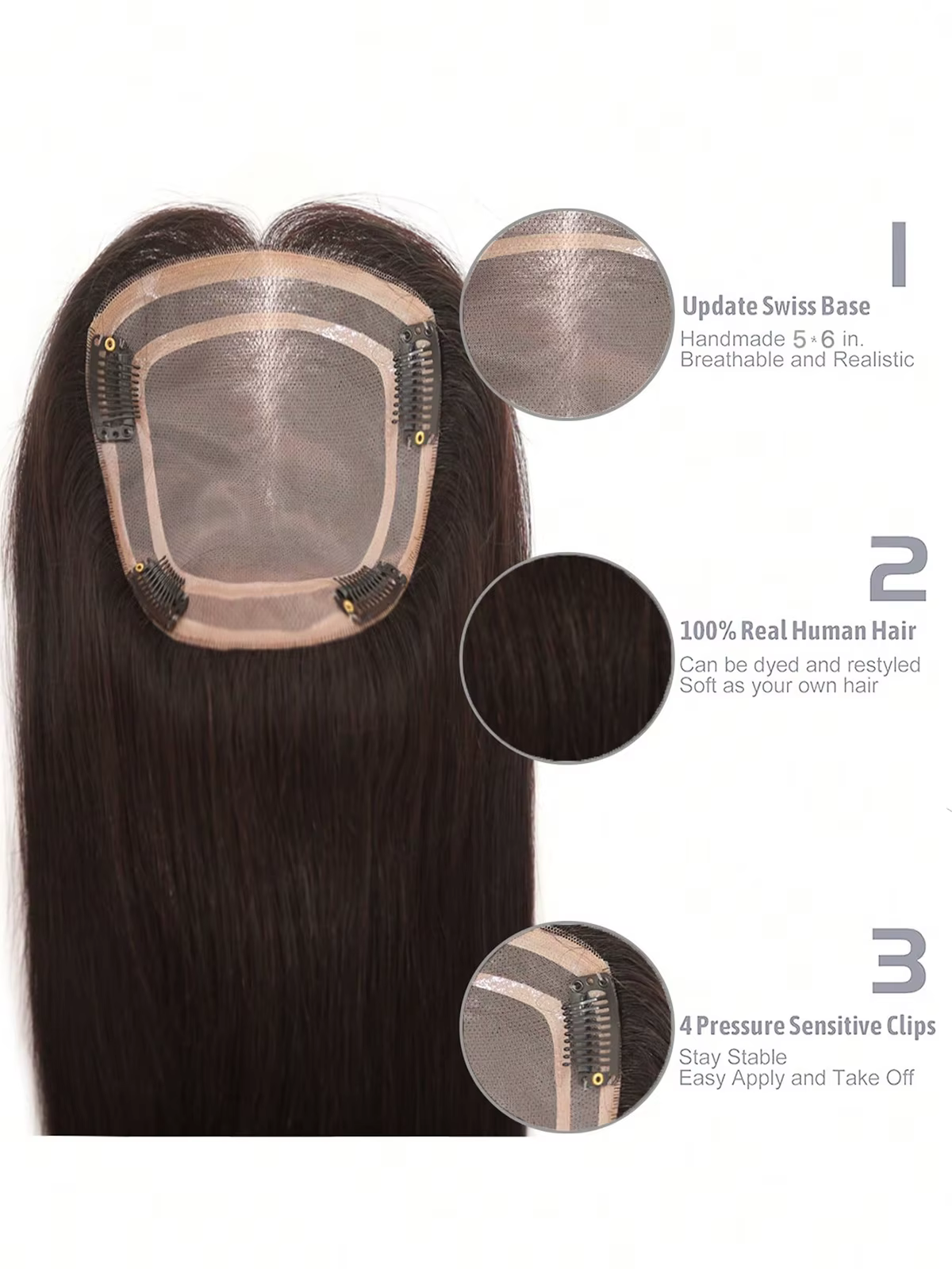 Topper de cheveux 100 % naturels pour femmes, 13x16cm, base fine en mono respirante, postiche à clip