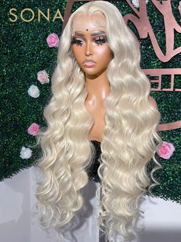 # Perruque Lace Frontal Wig naturelle, cheveux humains, blond cendré platine, blanc, 13x6, HD, Trans