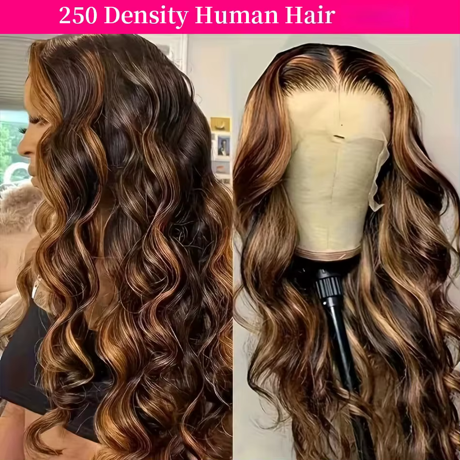 Perruques en cheveux humains ondulés Body Wave avec mèches 4/27, perruque frontale HD transparente 1
