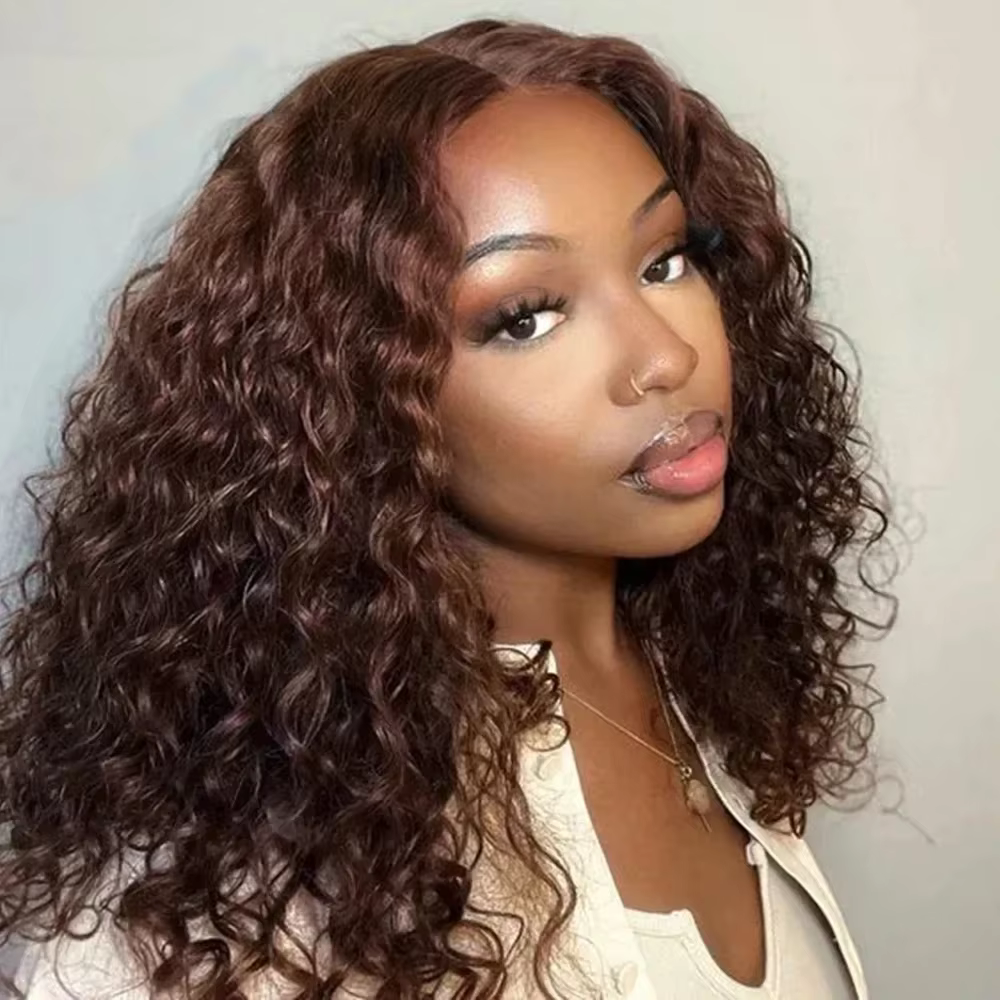 # 4 brun foncé vague profonde bouclés court Bob perruque de cheveux cheveux brésiliens chocolat brun