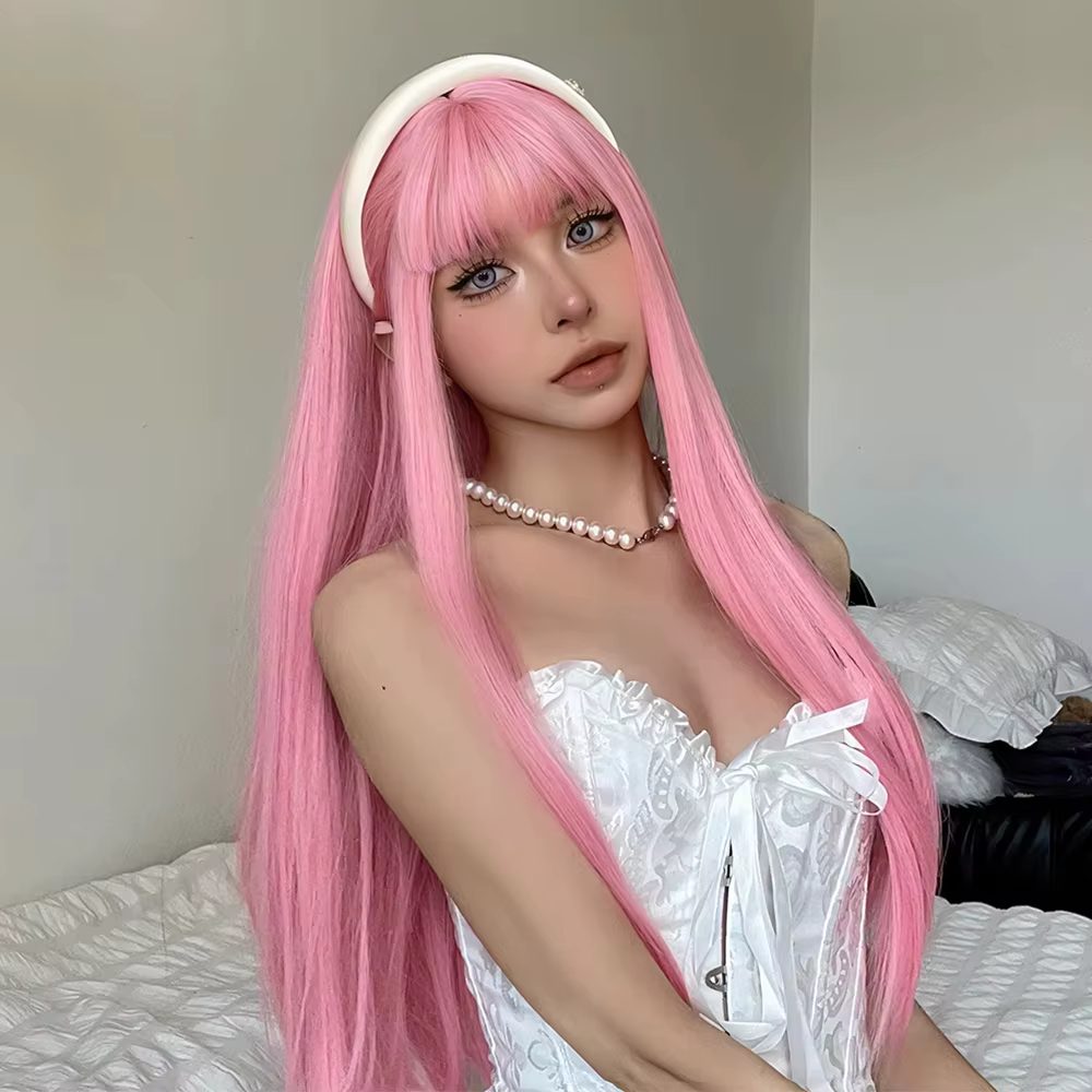 Perruque synthétique longue et lisse rose clair pour fête costumée de cosplay d'Halloween, usage quo