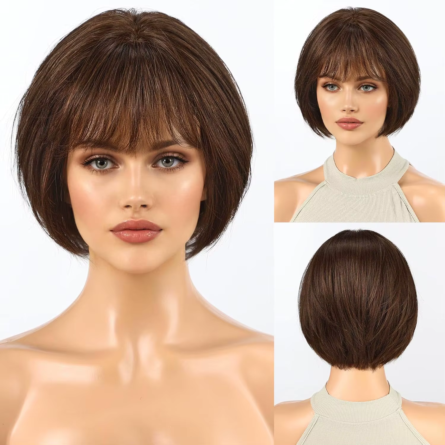 Perruque en cheveux humains bruns mélangés blonds pour femmes avec frange, perruque bob de 10 pouces
