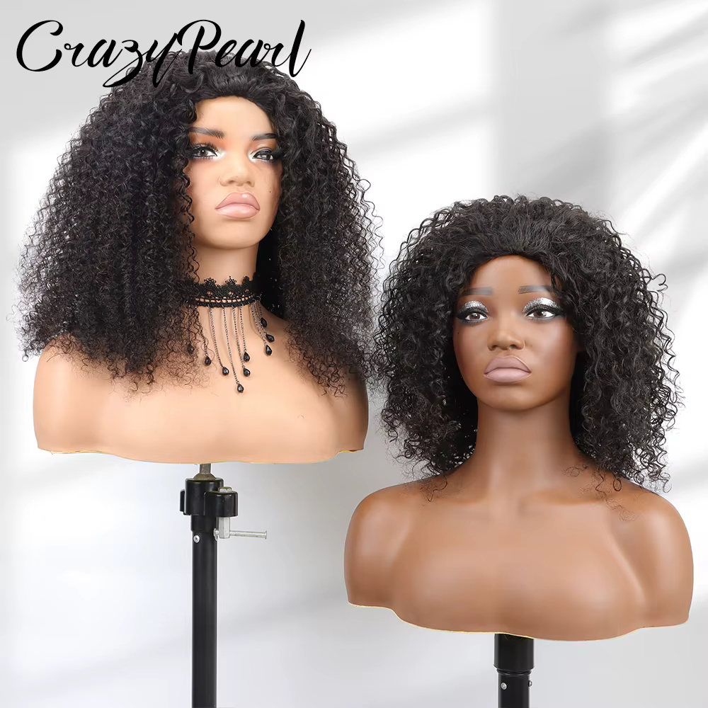 CrazyPearl Demi-perruque 3 en 1 en cheveux humains, densité 200%, bouclée crépue, sans couture, à po
