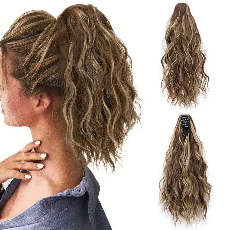Extension capillaire synthétique courte bouclée de 14 pouces, postiche moelleuse à Clip pour queue d