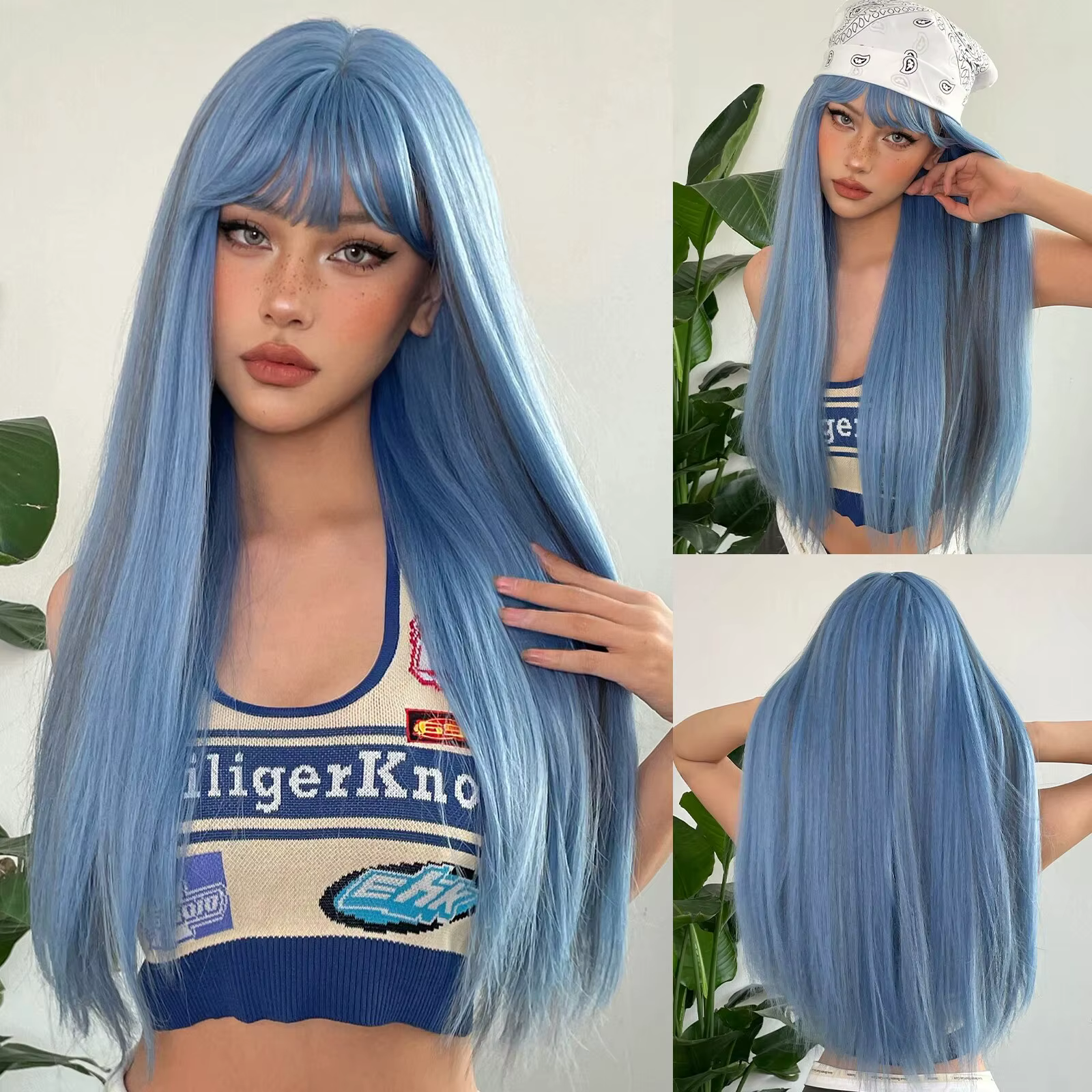 Perruques Synthétiques sulfDroites Bleues avec Reflets Gris avec Frange, Cheveux de Cosplay pour Fem
