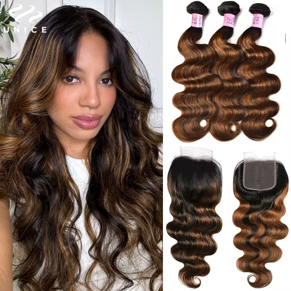 UNICE-Bundles de cheveux humains Body Wave, Balayage, Fermeture à lacet 4x4, Highlight, Faites une p