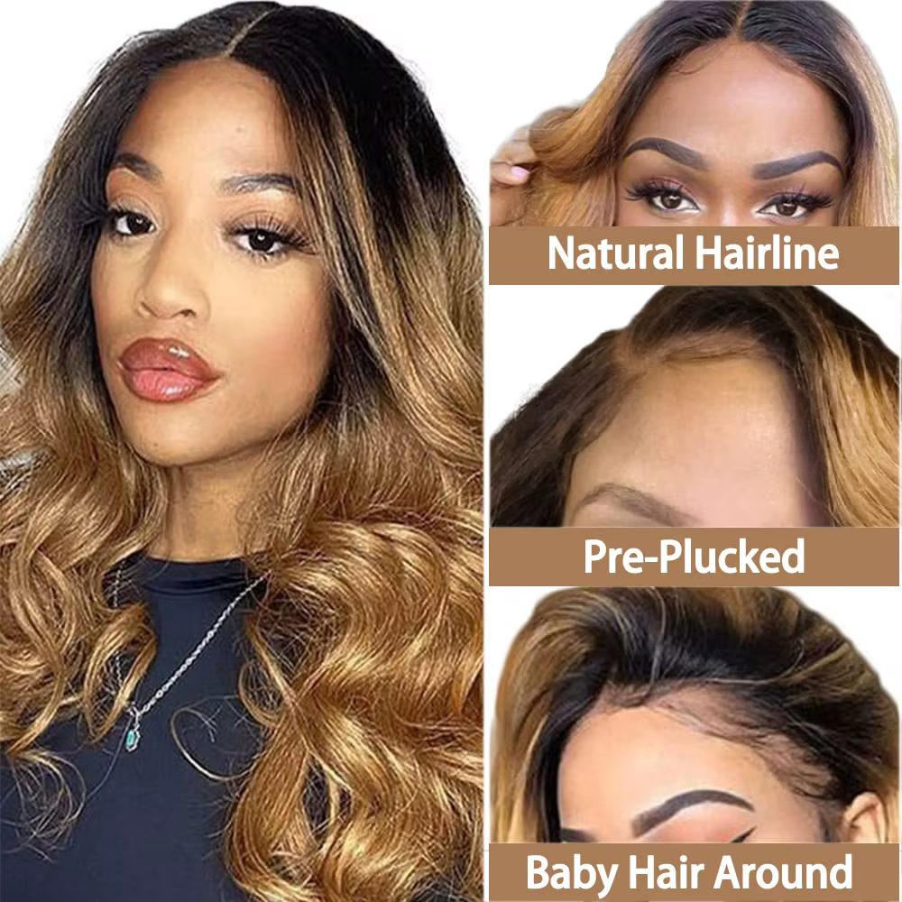 Perruque Lace Front Wig Body Wave naturelle, cheveux humains, blond miel, pre-plucked, 1B 27, ombré,