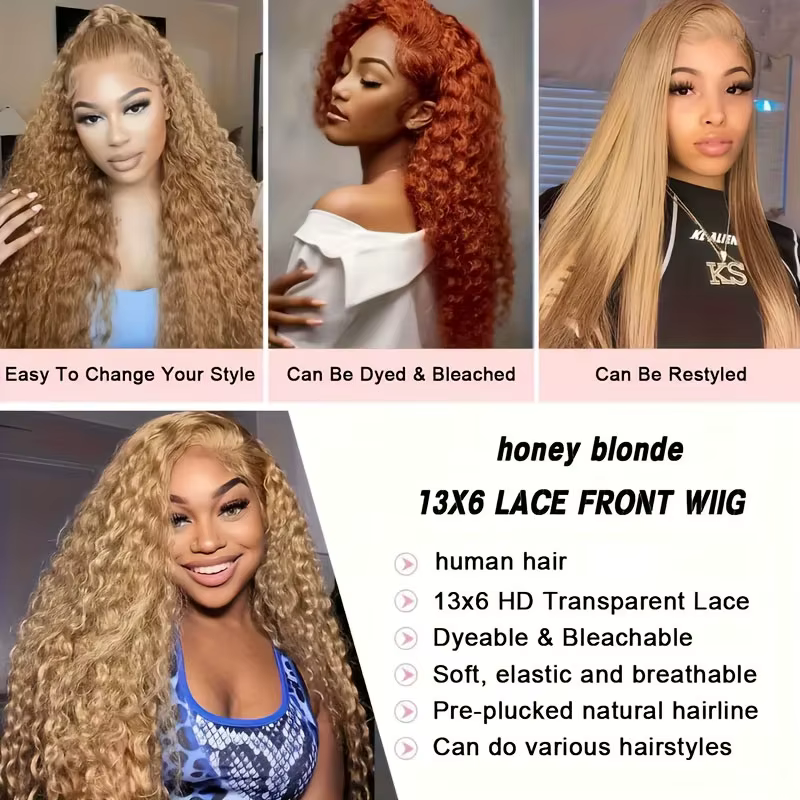 27 # Perruque Cheveux Humains Bouclés Blond Miel 13x6 HD Transparente avec Dentelle Frontale Pré-P