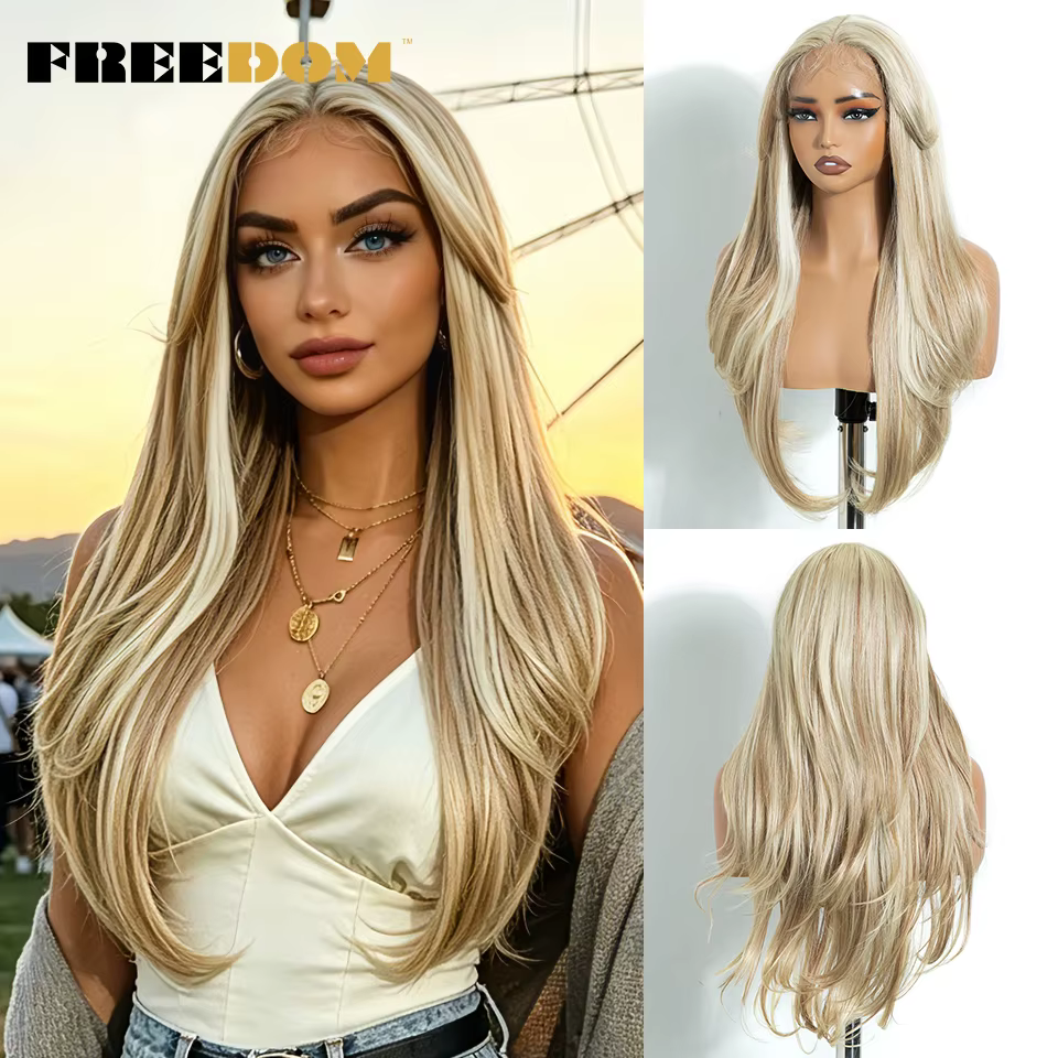 Perruque FREEDOM de 26 pouces, lisse et dégradée, avec frange, en dentelle synthétique, pour femmes,