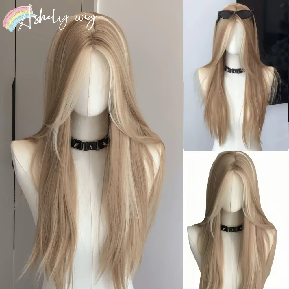 Perruque Blonde pour femmes longue ligne droite Blonde marron perruque asiatique américaine dentelle