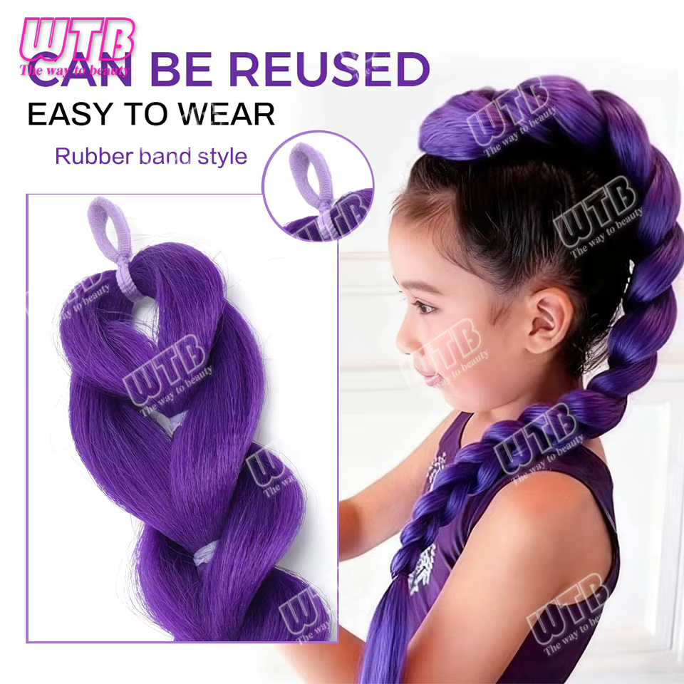 26 pouces violet tresses queue de cheval élastique pré tressage cheveux synthétiques violet Extensio