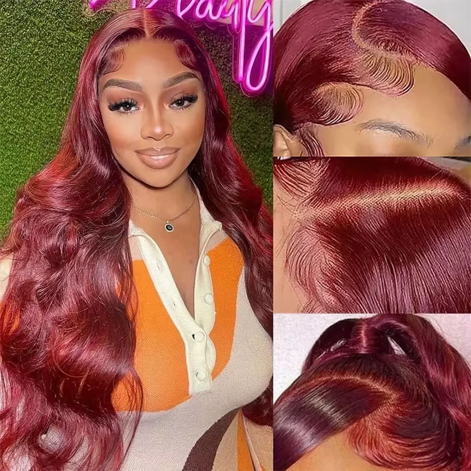 Perruque Lace Frontal Wig naturelle brésilienne, cheveux humains, Body Wave, bordeaux, 13x6, Hd, den