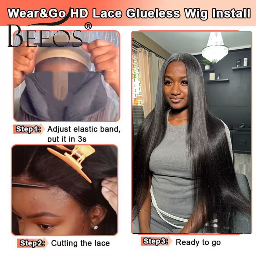 Sans colle 2x6 HD dentelle fermeture perruques droite raie profonde 100% cheveux humains HD Transpar