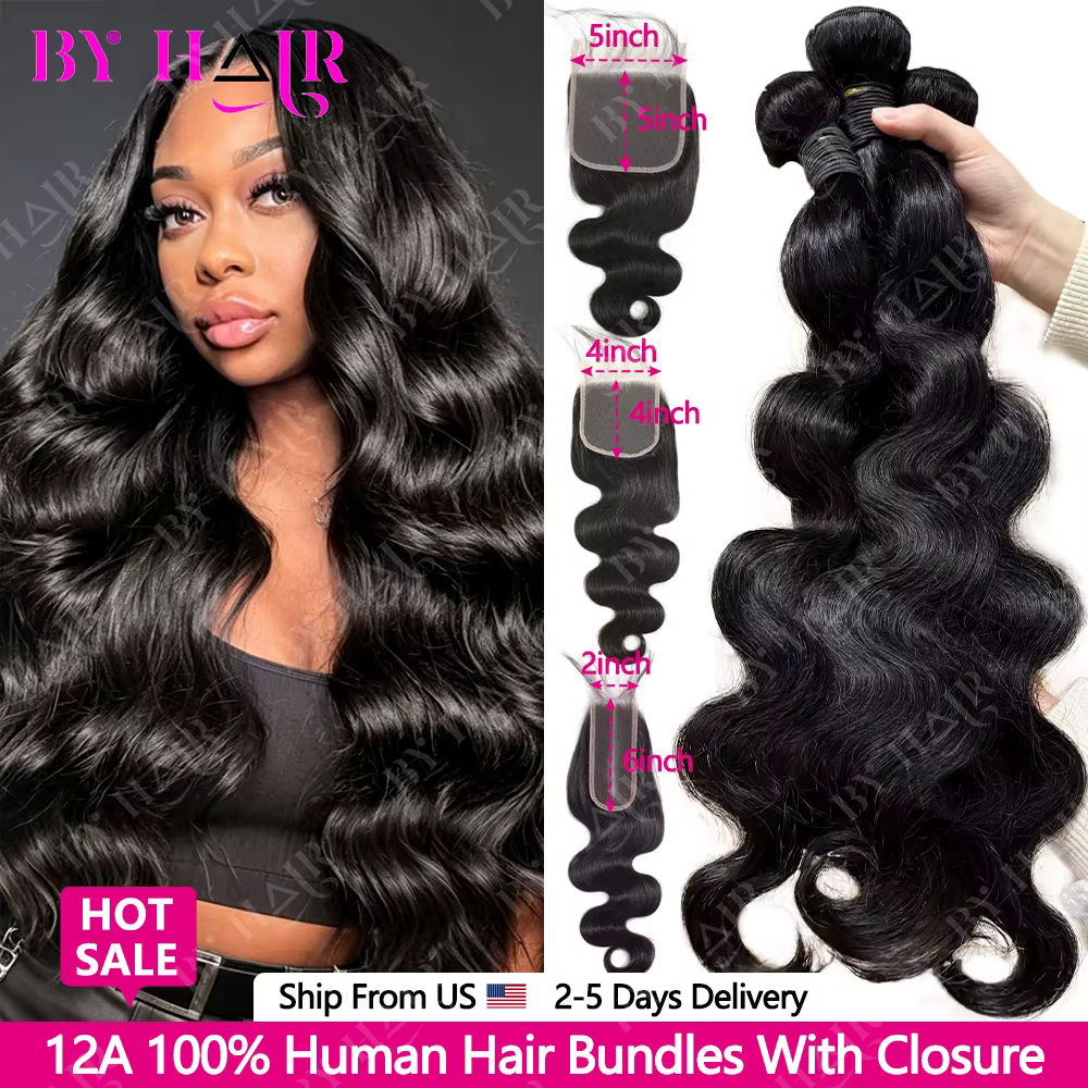Extensions de cheveux brésiliens Body Wave avec closure 2x6, 4x4, 5x5 et frontales 13x4, 13x6 – 100%