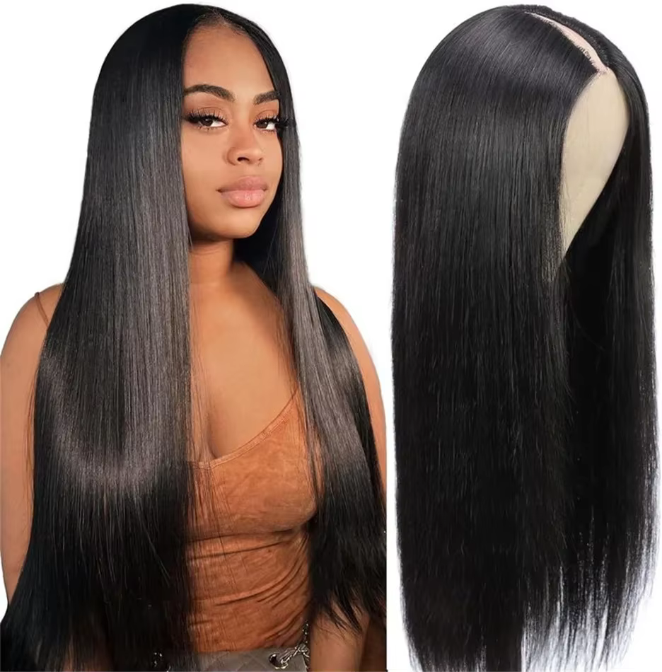 Perruques de cheveux humains lisses avec partie en V pour femmes, cheveux Remy brésiliens, couleur n