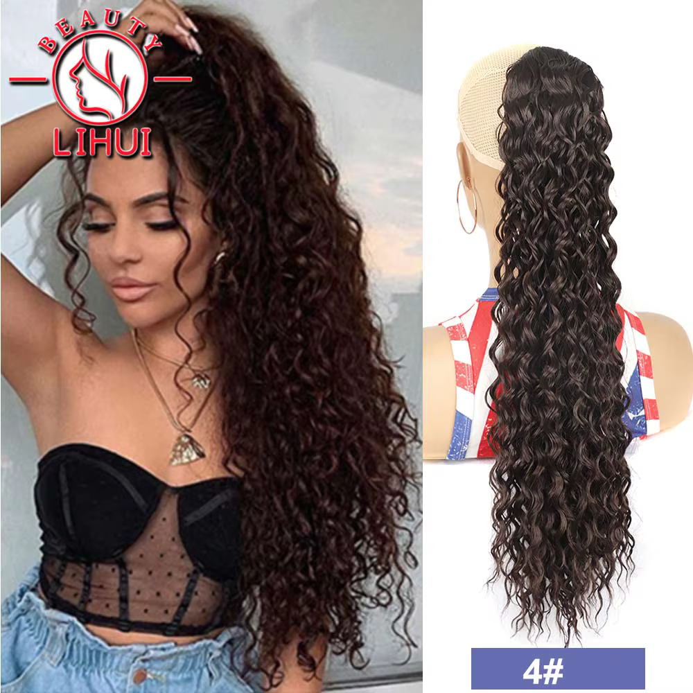 Extensions queue de cheval bouclée synthétique à Clip avec cordon de serrage, perruque longue ondulé