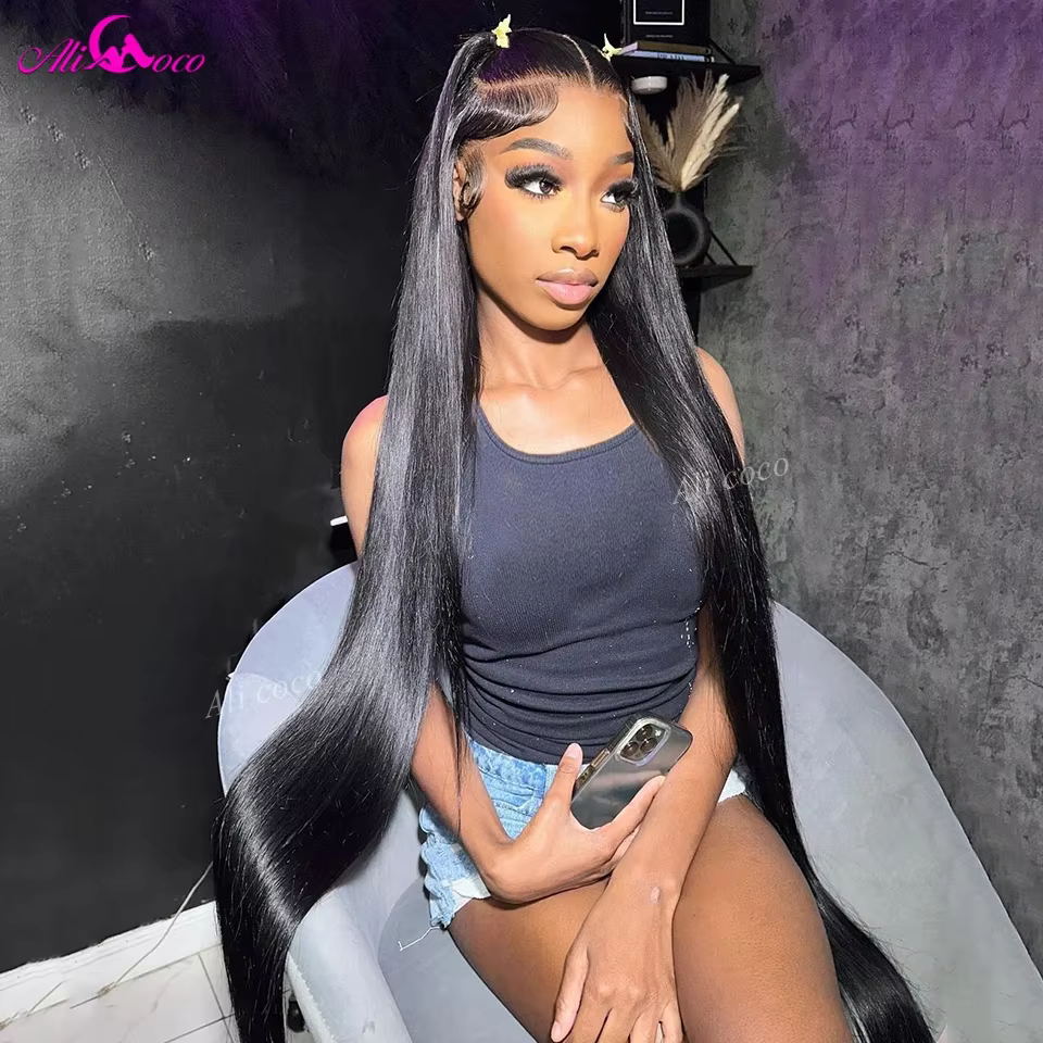 Perruque Lace Front Wig naturelle lisse-ALI COCO, 13x4 13x6, 36 38 pouces, pre-plucked, densité 250,