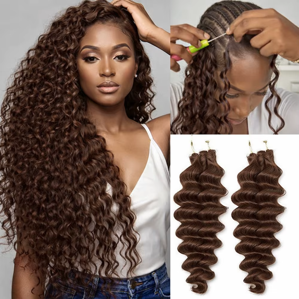 Extensions de cheveux au Crochet brun vague profonde vague d'eau plume Crochet cheveux humains coule