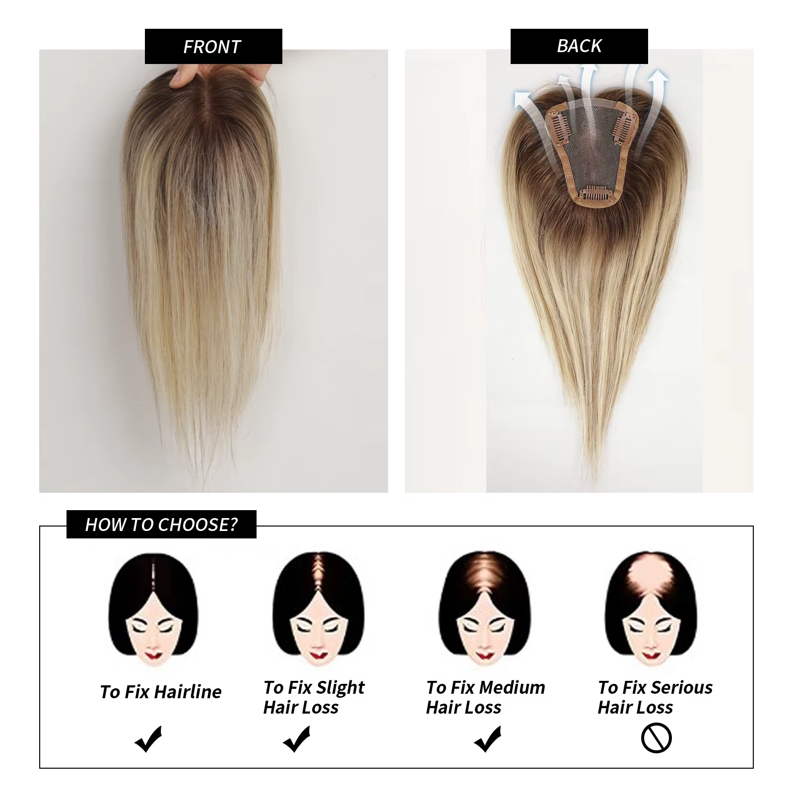 Femmes cheveux humains Toppers partie centrale Ombre brun clair blond toupet humain pièces de cheveu