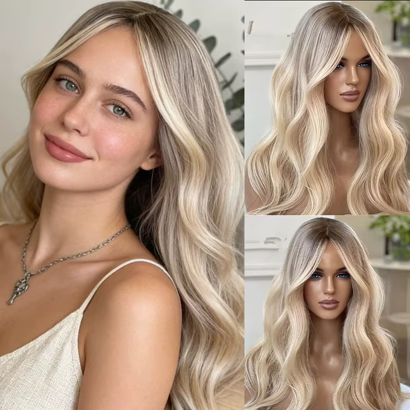 Perruque Lace Ombre Blond Cendré, Douce comme des Cheveux Humains, Perruques Longues Ondulées Pré-Pl