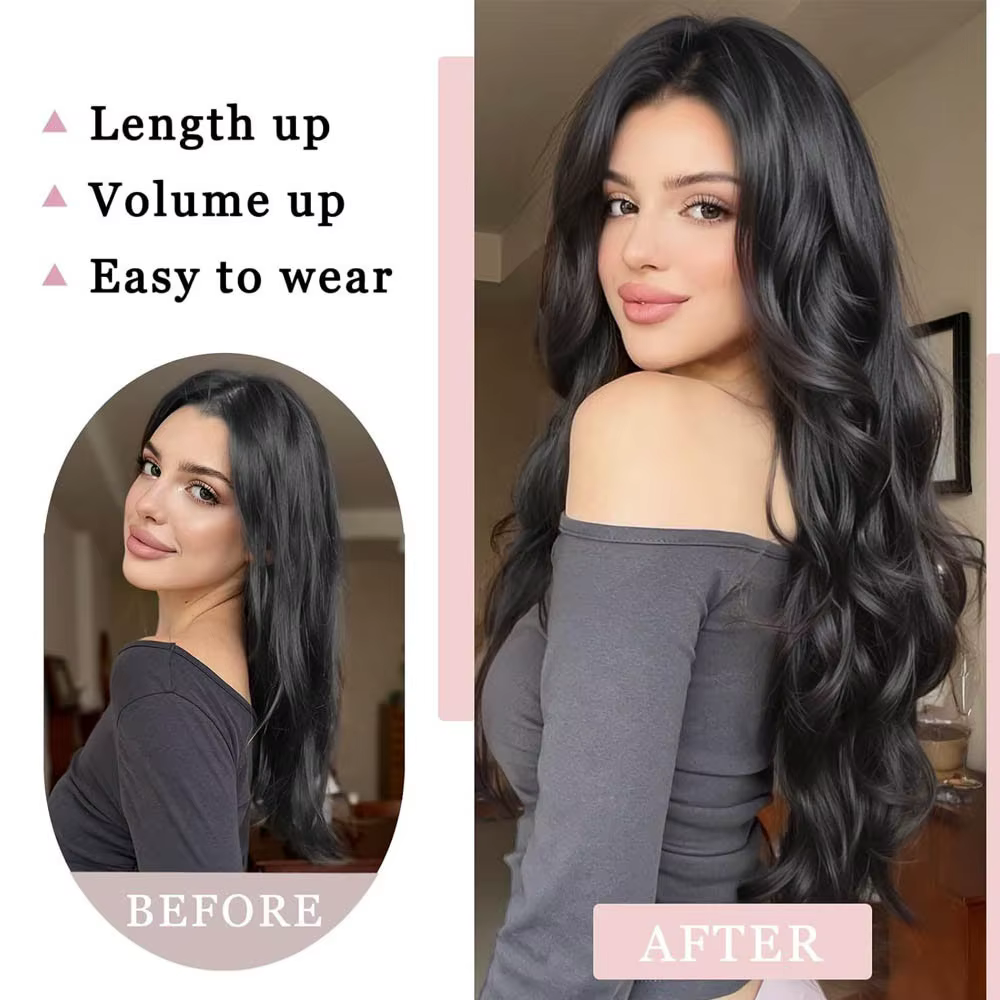 Extension de cheveux synthétiques longs et bouclés de 20 pouces, 4 clips en forme de V, postiche bru