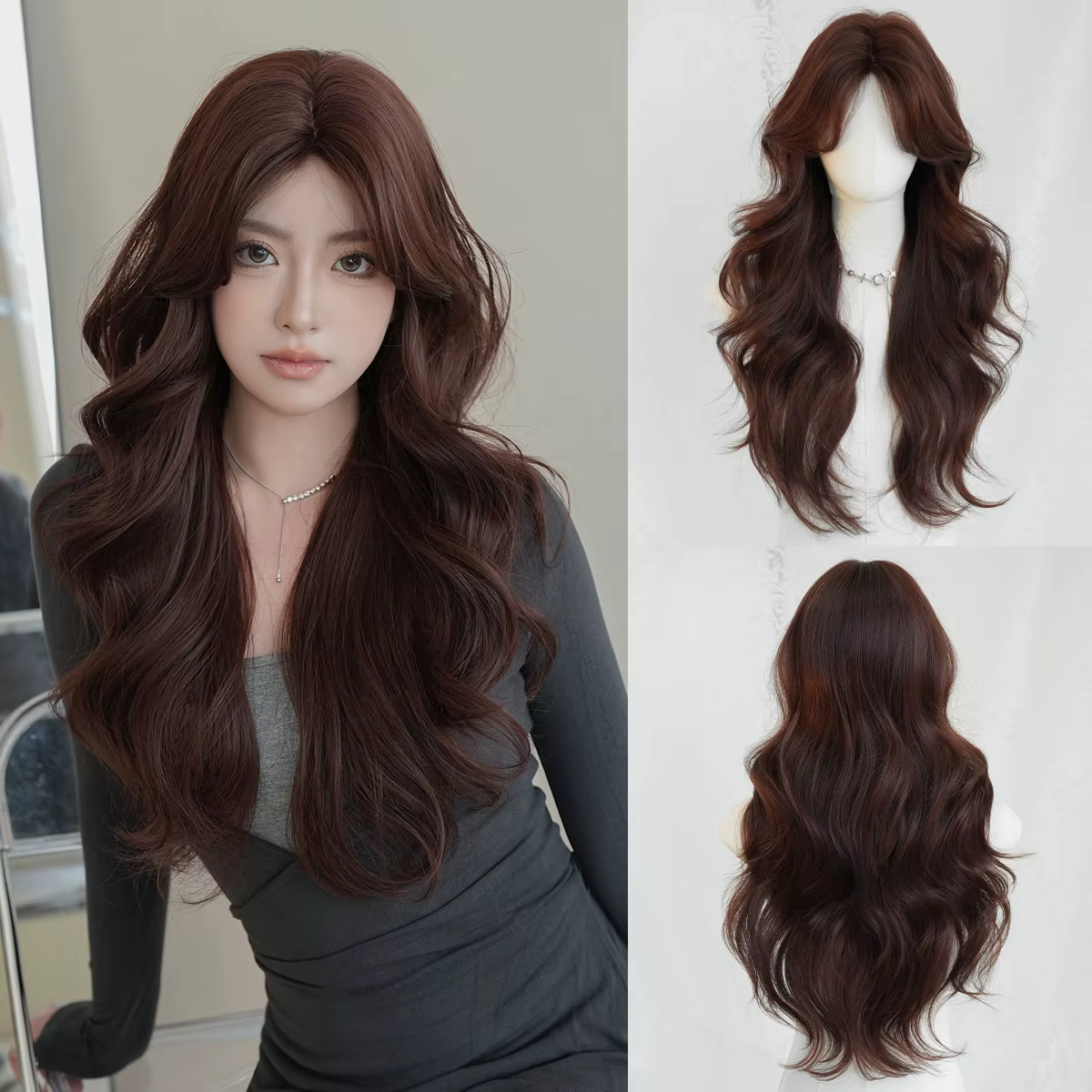 Nouvelle perruque longue ondulée rouge bordeaux NAMM, aspect naturel, fibres synthétiques de haute q