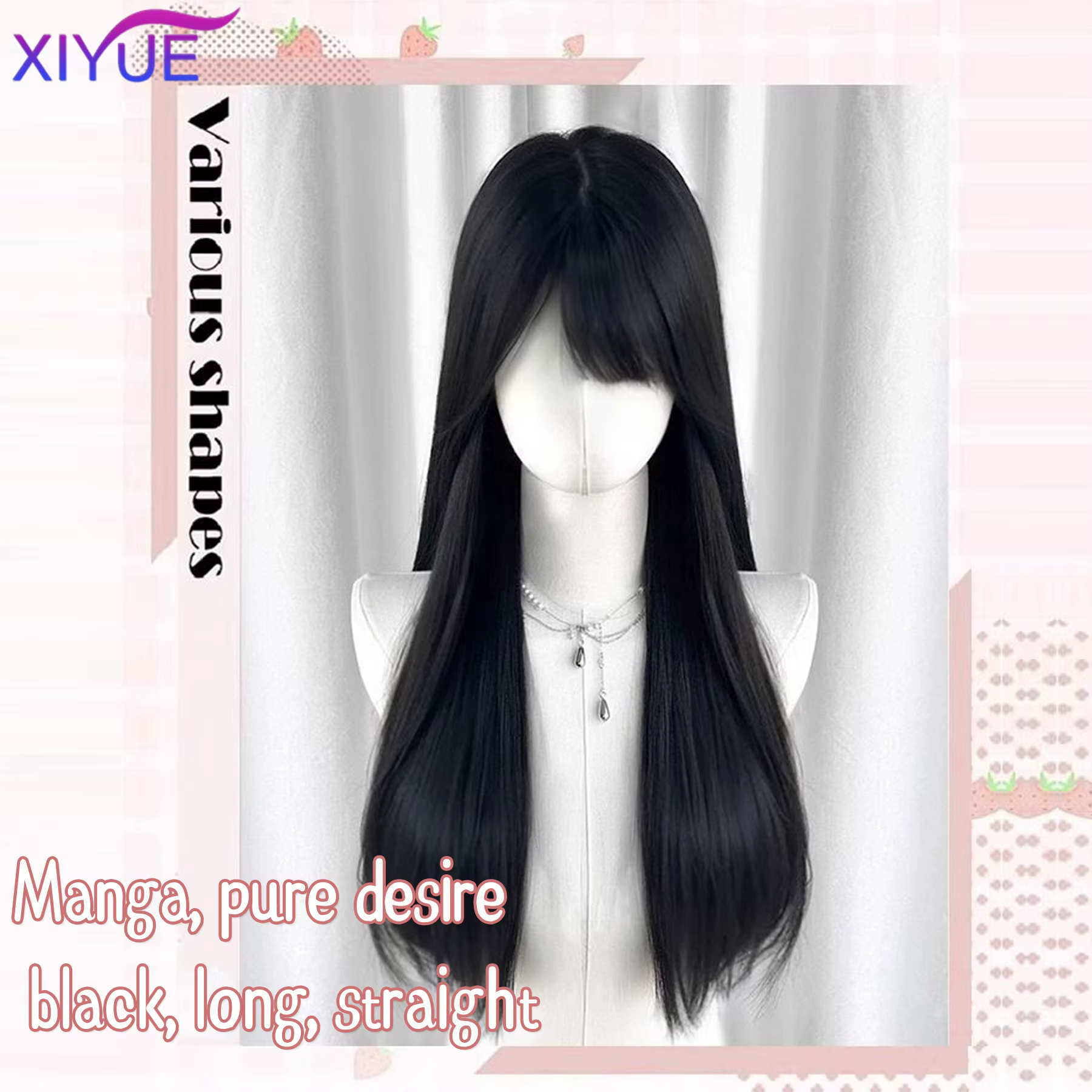 XIYUE – perruques synthétiques longues et lisses avec frange, perruques noires de fête Cosplay Lolit