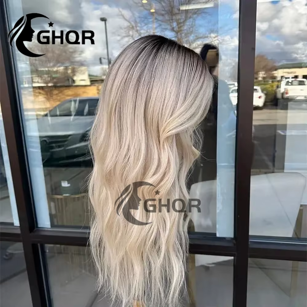 Perruques blond platine cheveux humains vague naturelle 13x4 avant de lacet perruques brun racines f