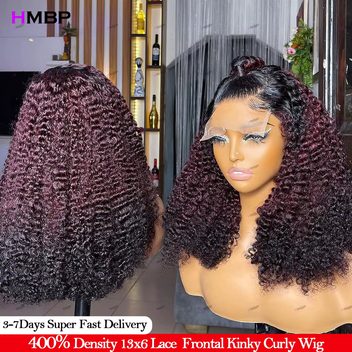 Ombre bordeaux 400 densité sans colle perruques cheveux humains vin rouge crépus bouclés 13x4 dentel