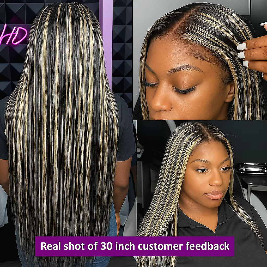 Perruque Lace Front Wig naturelle lisse à reflets 1b30, cheveux lisses noirs avec dégradé marron, 13