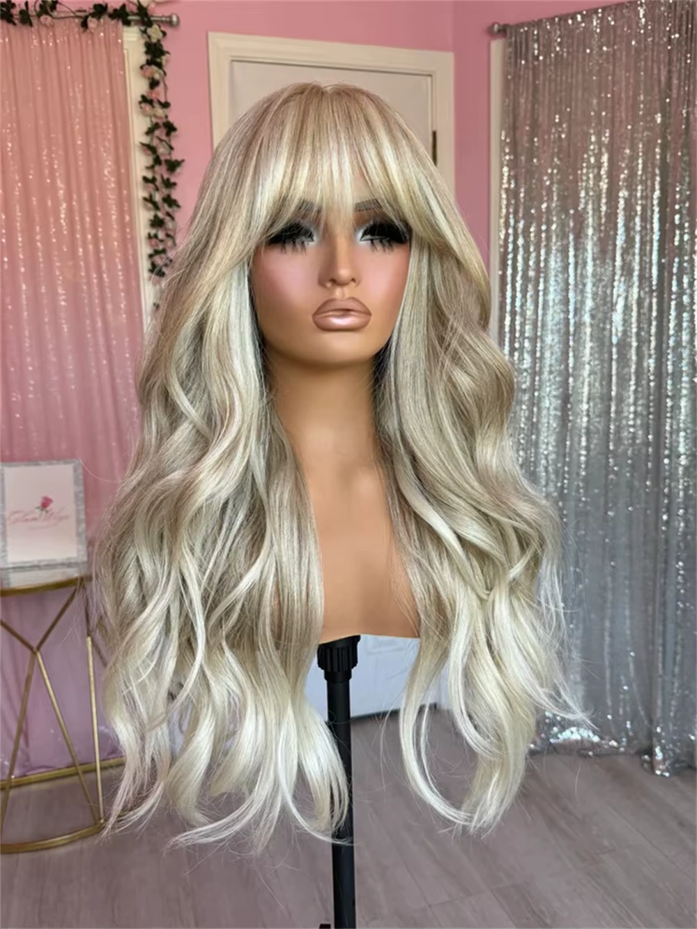 Perruque Lace Front Wig sans colle avec frange, 28 pouces, cheveux humains synthétiques de luxe, fib