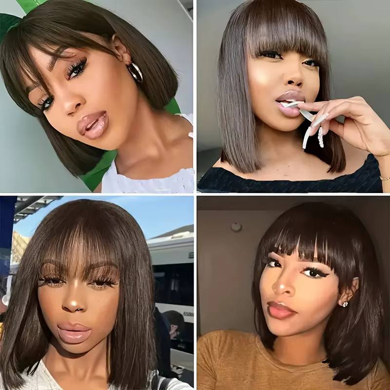 Perruques Lace Bob en cheveux humains lisses Dialola avec frange, raie au milieu, effet cuir chevelu