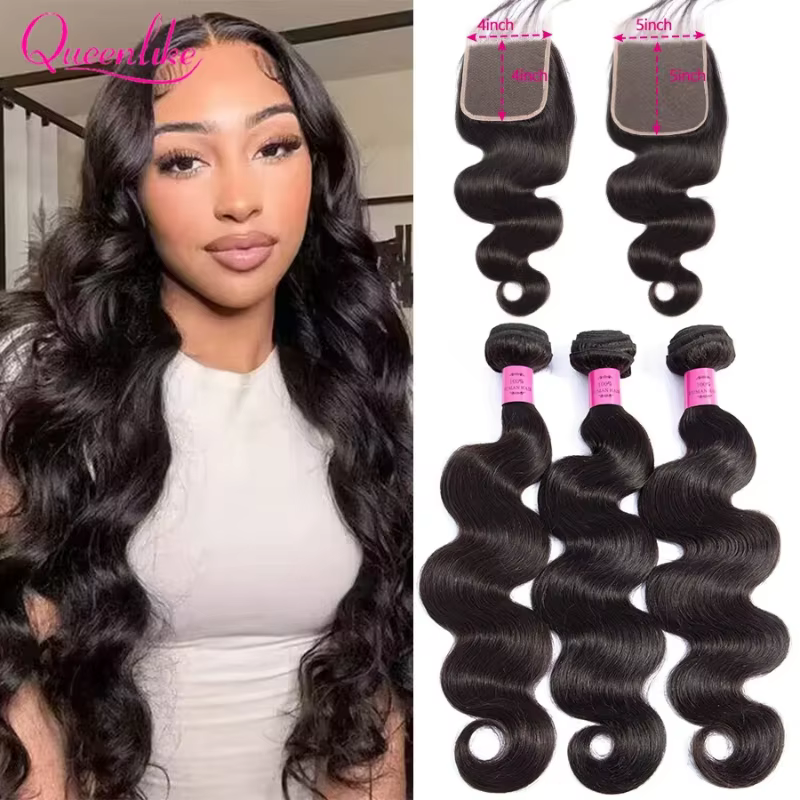Queenlike 26 28 30 32 pouces paquets de vague de corps 100% cheveux humains avec 4x 4/5x5 fermeture 