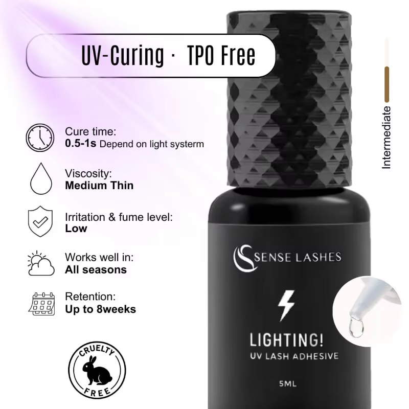 Colle à cils UV 5 ml pour extensions de cils, séchage en 0,5 à 1 seconde, tenue extrême 7 à 8 semain