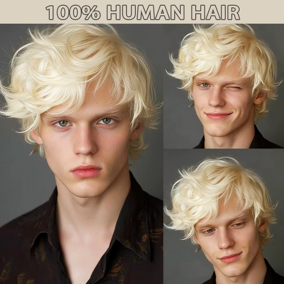 Perruque courte et droite de style pixie pour homme, couleur blonde 613, aspect naturel, entièrement