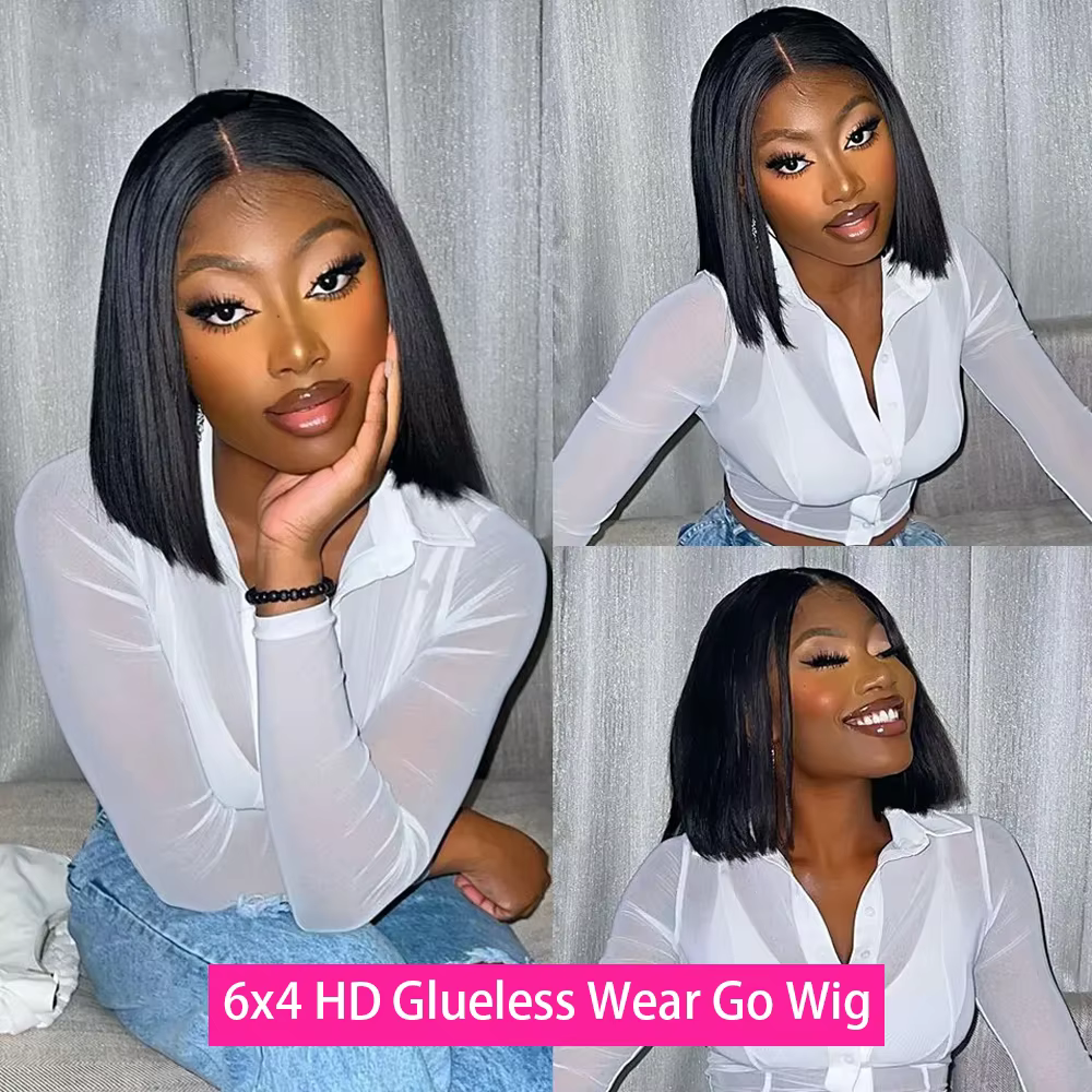Perruque Bob Lace Closure Wig sans colle naturelle, cheveux courts, pre-à-porter, 13x4 HD, 6x4, tran