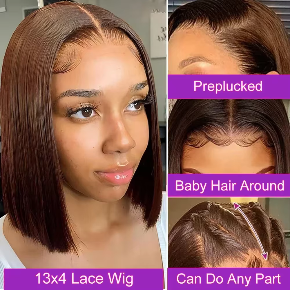 Perruque courte et droite brune, coupe bob, 13x4, 4x4, avec dentelle frontale HD, 100% cheveux humai