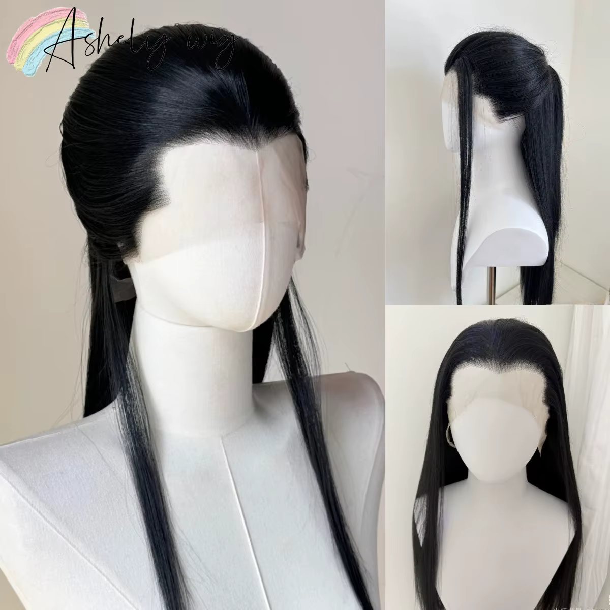 Ashely Widow's Peak Wig – Perruque synthétique noire à dentelle frontale 26 pouces 13*4, cheveux rai