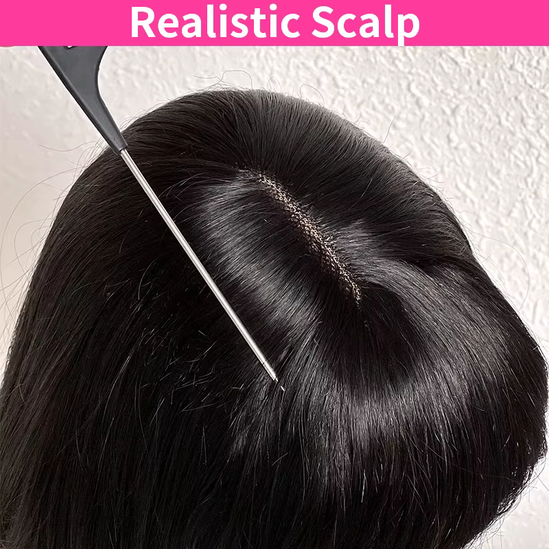 Perruques Lace Bob en cheveux humains lisses Dialola avec frange, raie au milieu, effet cuir chevelu
