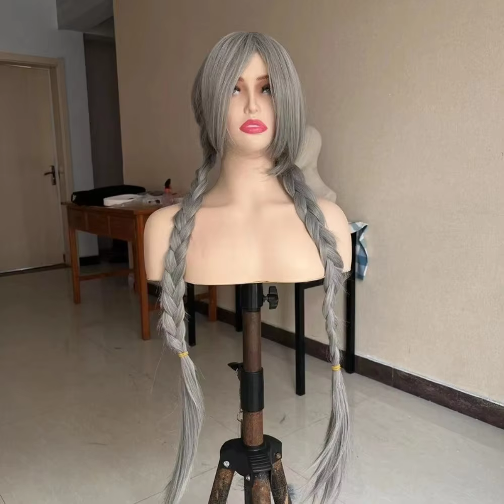 Perruques synthétiques pour costumes, perruque longue grise tressée avec frange, perruque de cosplay