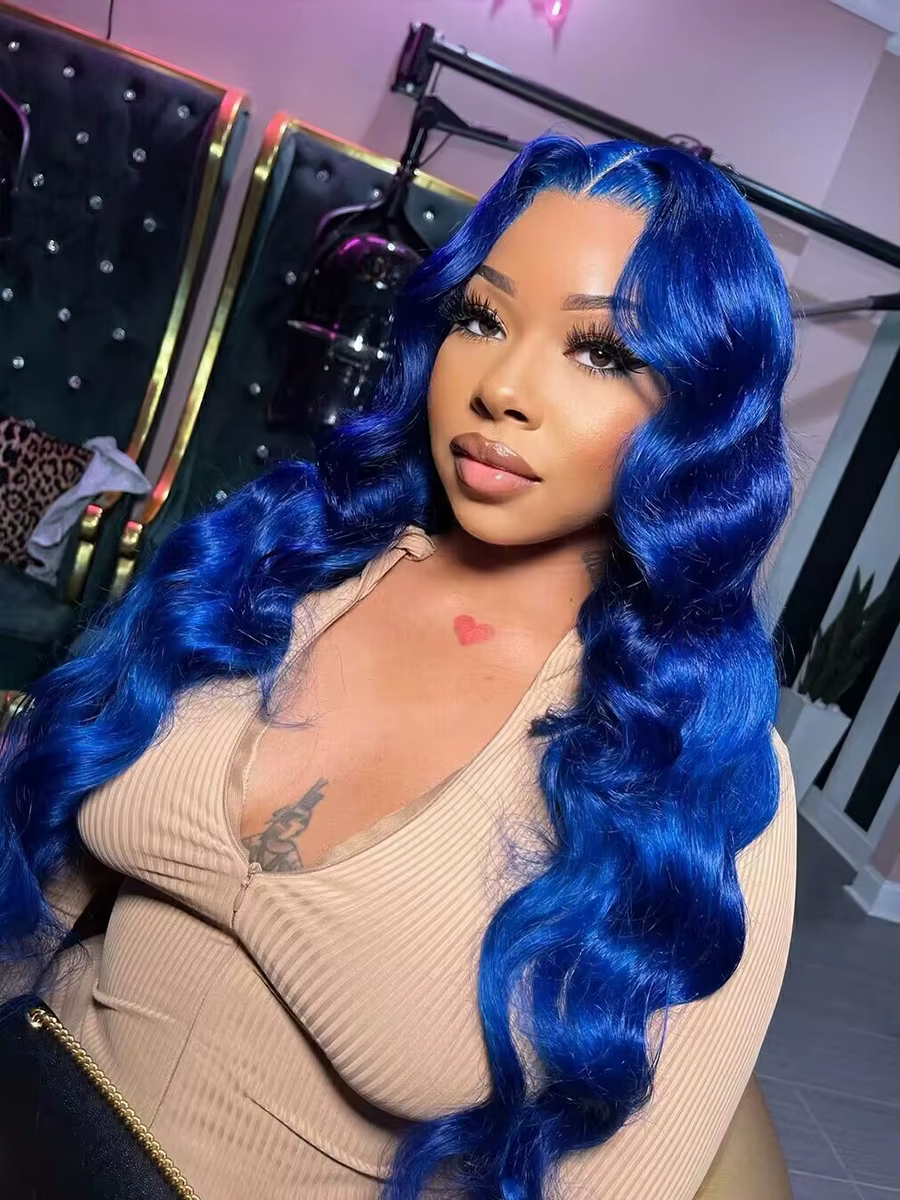 Perruque Brésilienne Naturelle de Cheveux Humains Ondulés, Couleur Bleue, 13x4, Transparent HD, Pre-