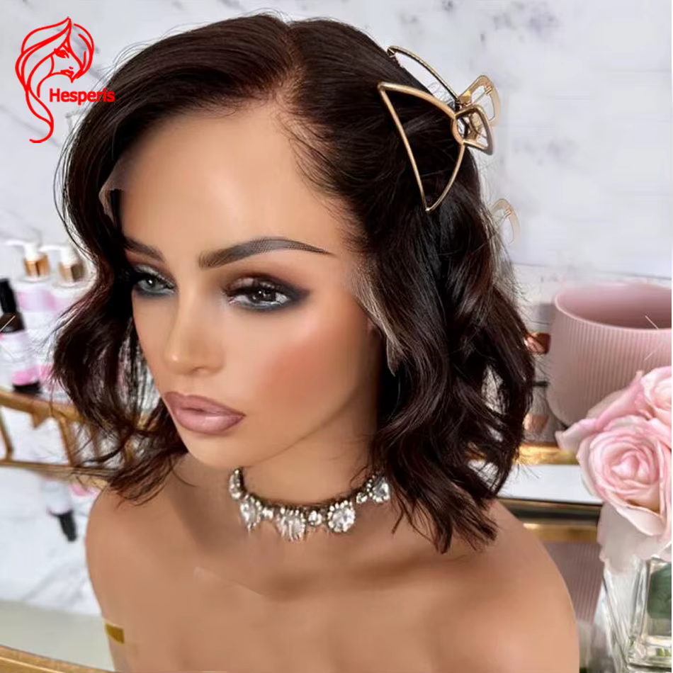 Hesperis-Perruques de cheveux humains courts ondulés pour femmes, perruque avant en dentelle brune #