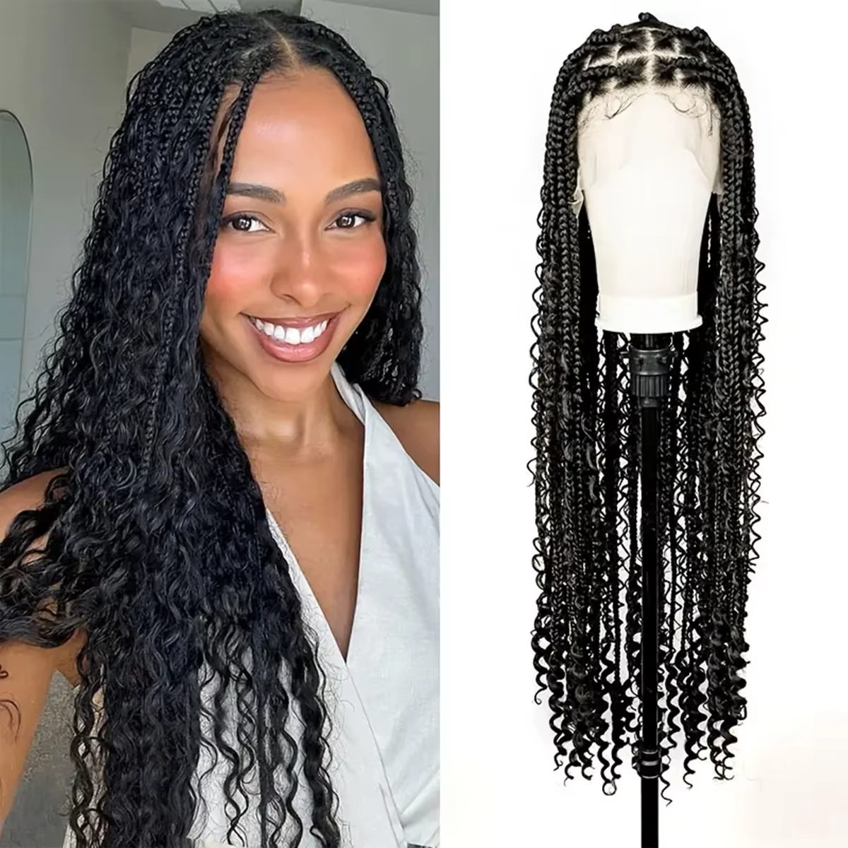 Perruque synthétique tressée sans nœuds de 32 pouces, style bohème, avec extrémités bouclées, double