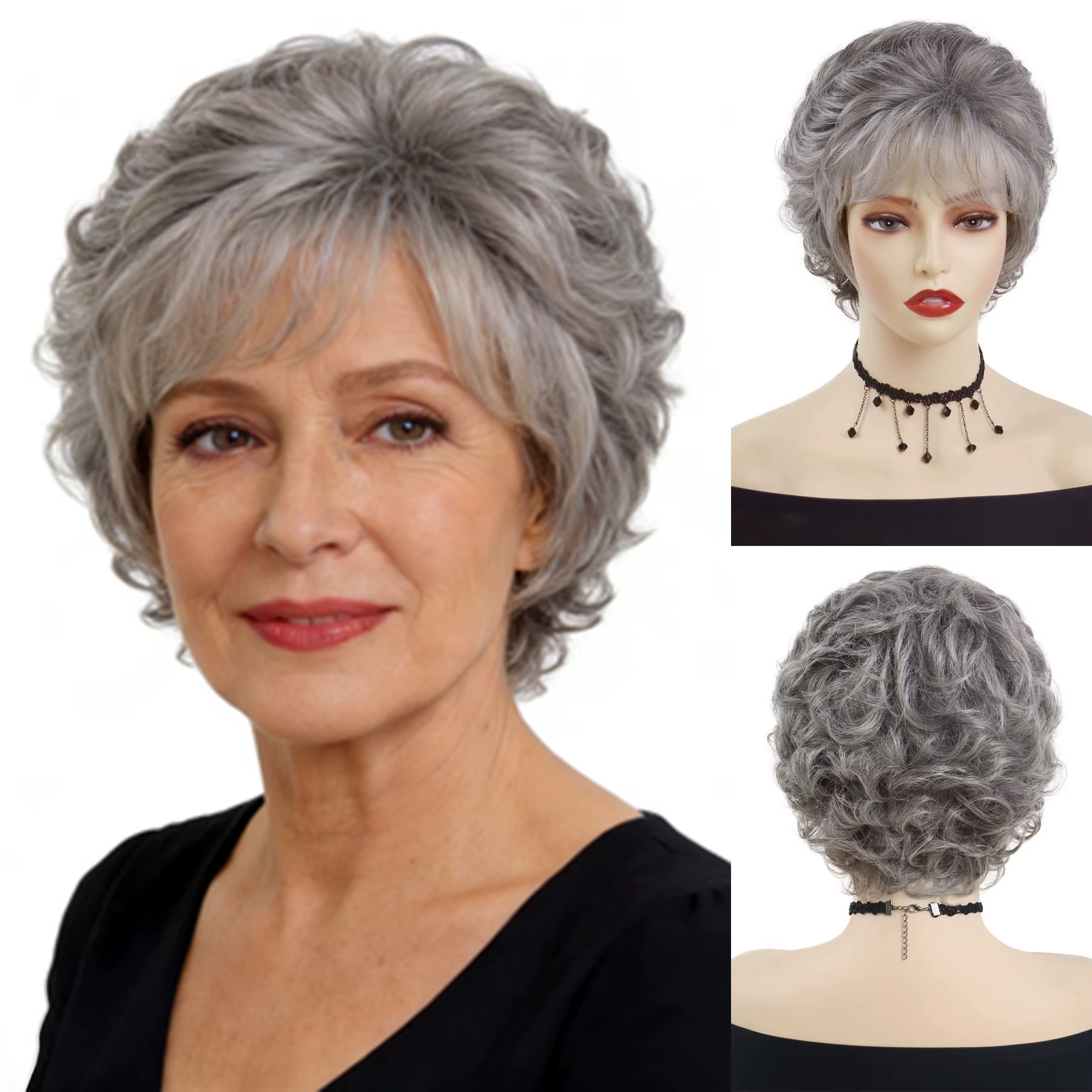 Perruque Courte Synthétique Grise Premium pour Femme, Bouclée, Style Grand-Mère avec Frange, Cadeau 