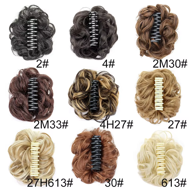 Chignon synthétique en désordre pour femmes, Extension capillaire courte, bouclée, ondulée, noire, B