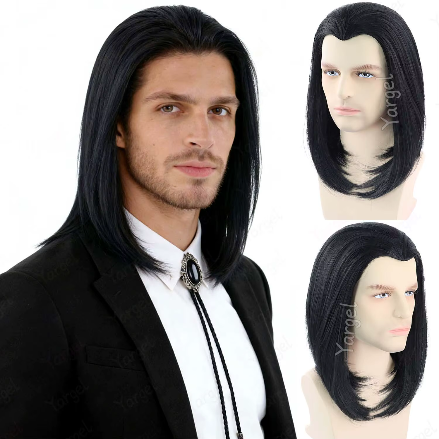 Perruque synthétique noire Hitman pour hommes, à nouer en queue de cheval – Assassin Keanu Vincent V