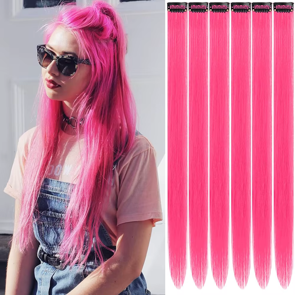 6 pièces Extensions de cheveux rouge Rose à clips, Extension de reflets de fête colorés pour enfants