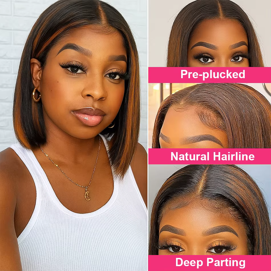 # 4/350 mettre en évidence gingembre brun court Bob perruque cheveux humains droite 13x4 HD Transpar